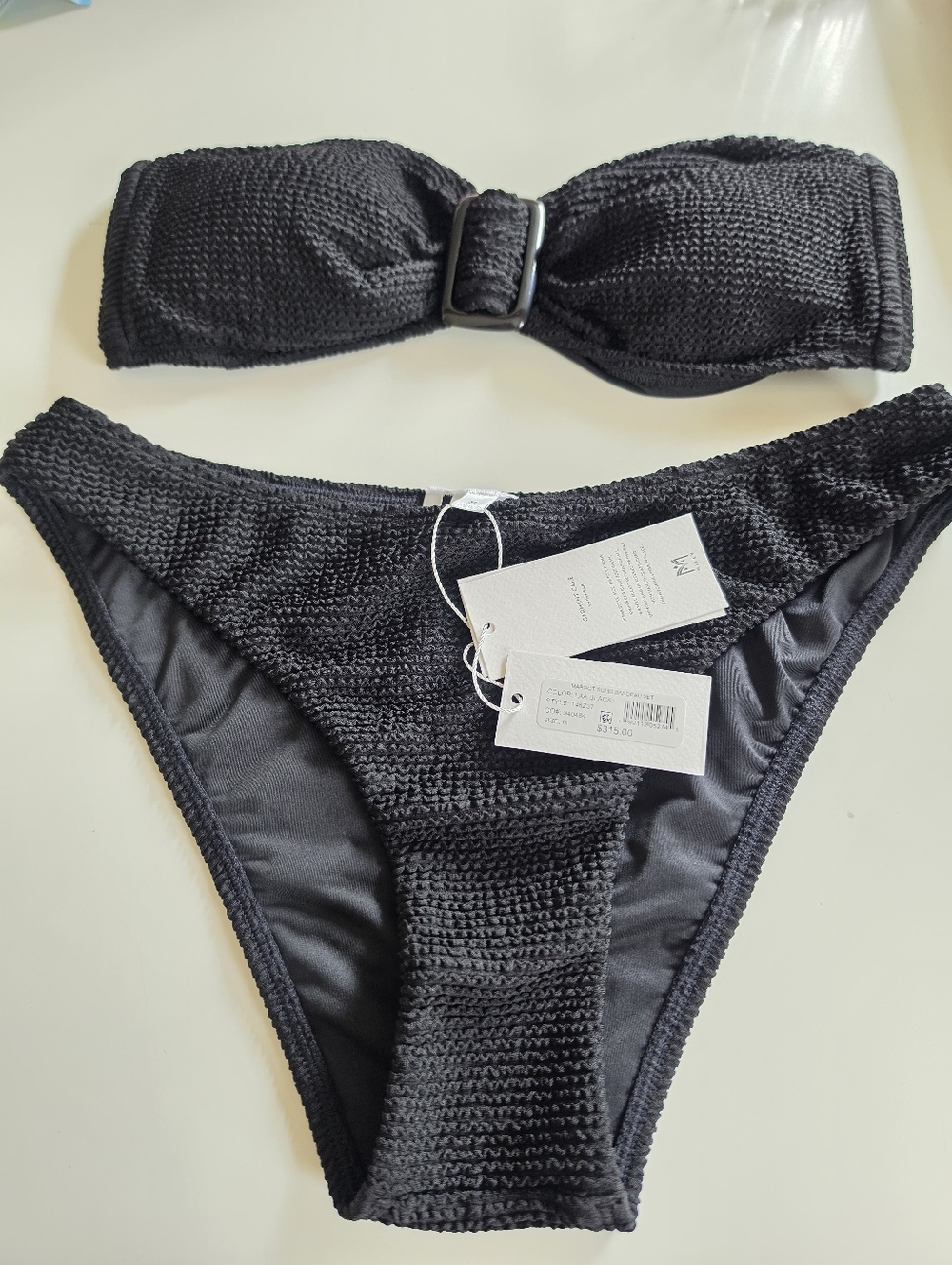 MILLY -  Margot Solid Bandeau Bikini Set Black Textured Buckle NWT Medium